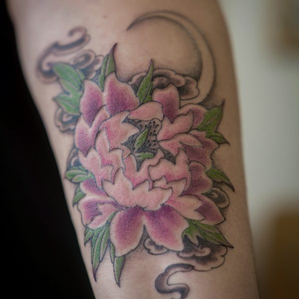 Fine line in muted colours. A peony, crescent moon and clouds by Harriet Street