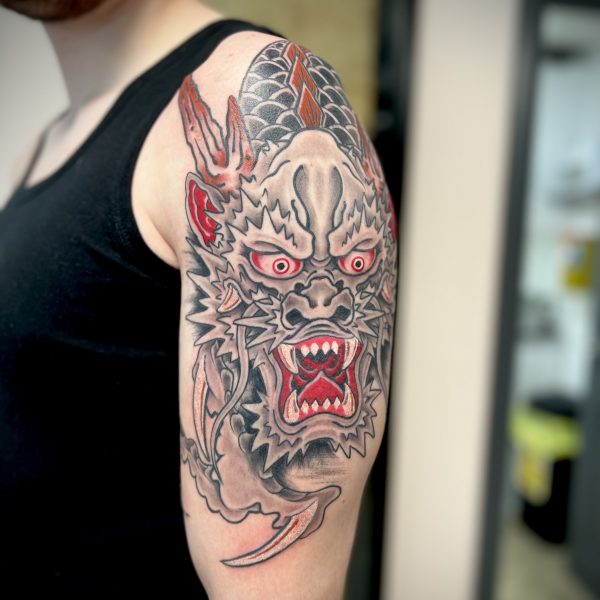 Freehand Dragon Half Sleeve by Antony Dickinson at Nowhere Tattooing in Brighton