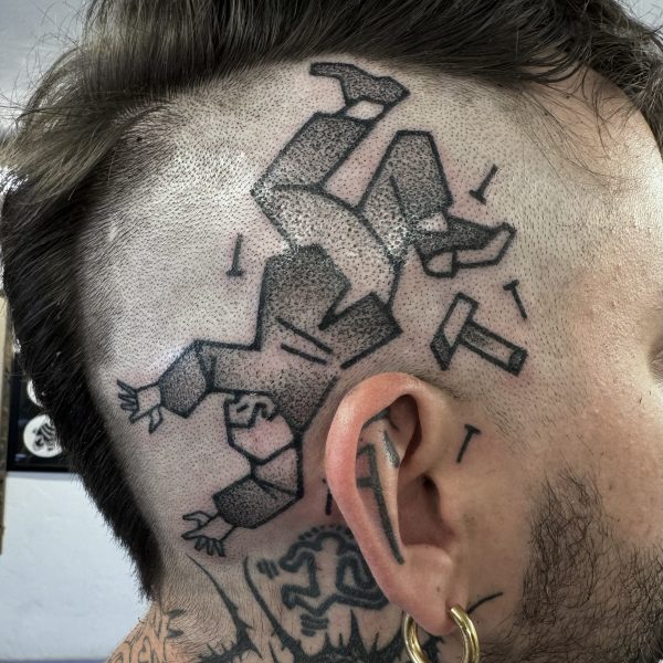 Hand-poked tattoo by Adam Sage, featuring smooth, precise linework and strong graphic composition. Inspired by brutalist architecture, children’s book illustration, and Soviet poster design, Adam creates timeless, non-electric tattoos with bold, simple forms.