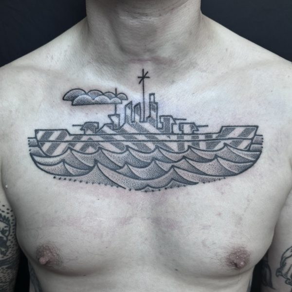 Hand-poked tattoo by Adam Sage, featuring smooth, precise linework and strong graphic composition. Inspired by brutalist architecture, children’s book illustration, and Soviet poster design, Adam creates timeless, non-electric tattoos with bold, simple forms.