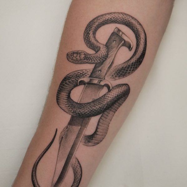 Detailed tattoo by Alex Rufio showcasing clean lines and strong composition, blending illustrative and realistic styles. Inspired by European Renaissance and postwar artists, Alex’s work balances classic influences with modern execution, creating timeless custom pieces.