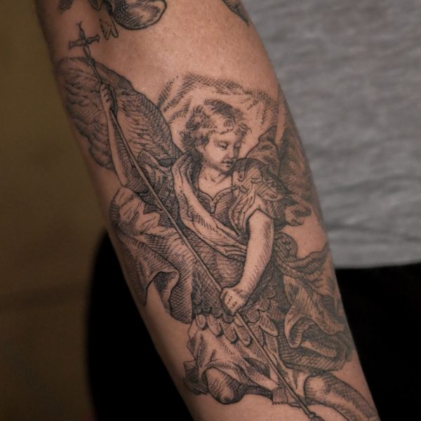 Detailed tattoo by Alex Rufio showcasing clean lines and strong composition, blending illustrative and realistic styles. Inspired by European Renaissance and postwar artists, Alex’s work balances classic influences with modern execution, creating timeless custom pieces.