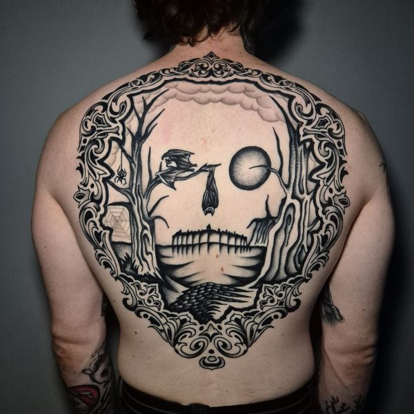 A surrealist style skull constructed with landscape objects by Edoardo Cucchelli. Edoardo is a creative tattoo artist based between Brighton & London, creating exciting, bold, and colorful compositions for his clientele.