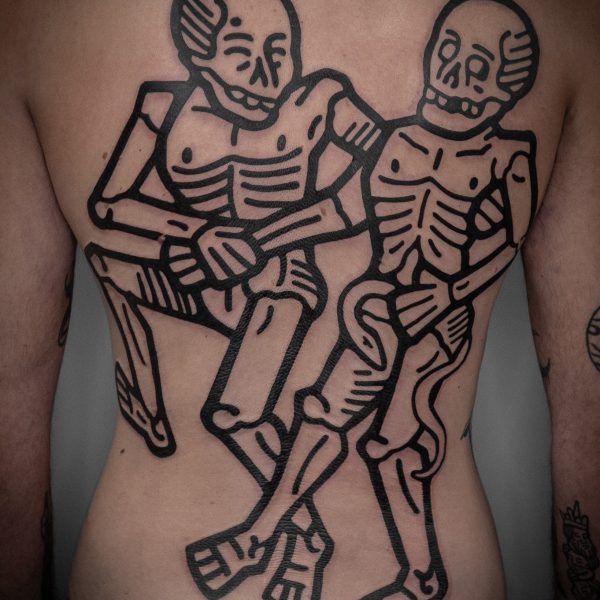 Skeleton tattoo by resident artist, Mouse. Based in both Brighton and London, Mouse creates bold, medieval inspired work. His bold style is both unique, and immediately recognizable.