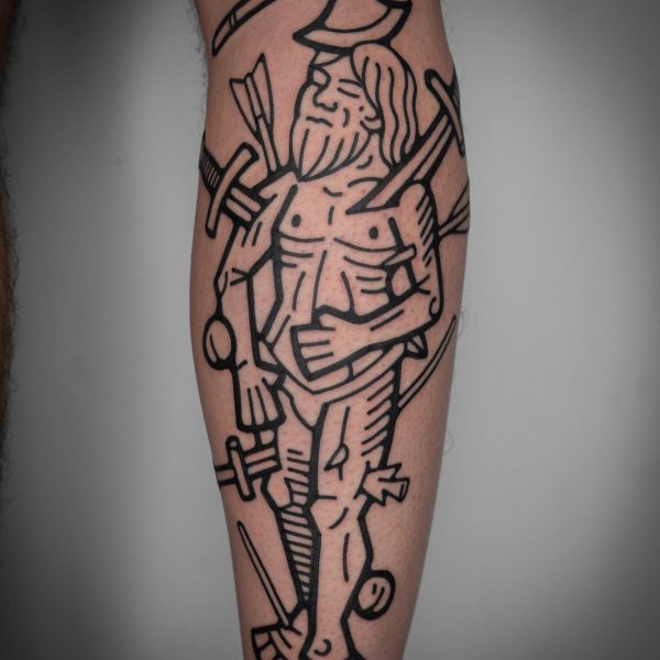 Intricate tattoo by Mouse, inspired by medieval woodcut illustration and folklore. The design features detailed, hand-drawn linework blending magical and mythical imagery with surreal and playful elements. Mouse works between London and Brighton, creating storytelling tattoos with bold, meticulous detail.