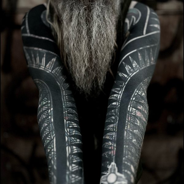 Bold blackwork tattoo by Francesco Capro, featuring strong ornamental patterns and timeless design. Francesco, originally from Northern Italy, works from Nowhere Tattooing in Brighton and Seven Doors Tattoo in London, bringing over thirteen years of experience and a passion for powerful, culturally rich tattoo art.